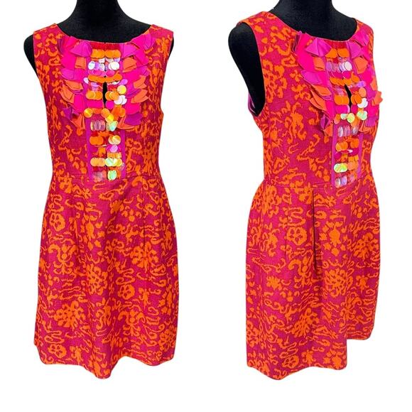 Nanette Lepore Embellished Pink Orange Linen & Silk  Dress Pockets Spring Summer - Picture 1 of 12